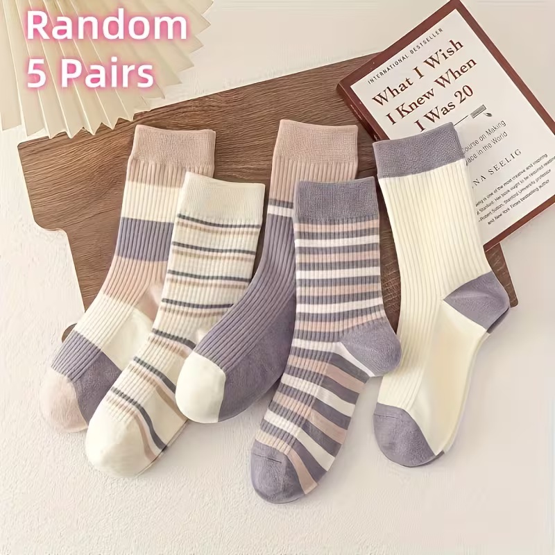 5 Pairs Vintage-Inspired Thick Striped Crew Socks