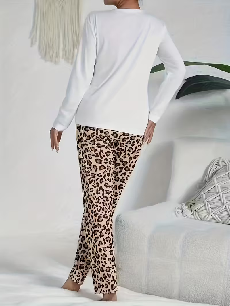 Women's Long Sleeve Leopard Print Casual Pajama Set