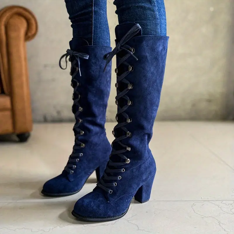Women's Heeled Chunky Lace Up Knee High Comfy Long Boots