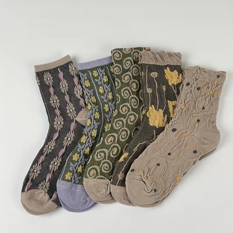 5 Pairs Women's Vintage Floral Mid-Calf Socks