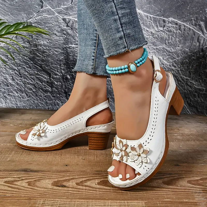 Comfortable PU Floral Block Heel Sandals