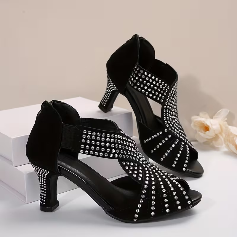 Women's Overseas Thin Heel Rhinestone Hollow Zipper Sandals