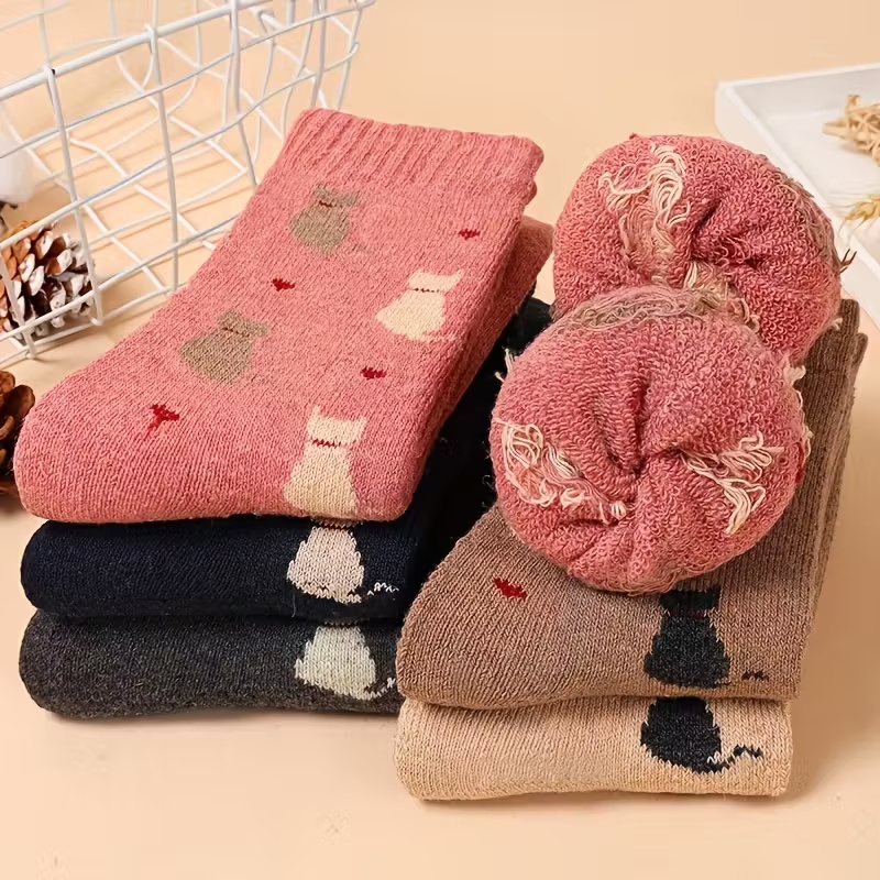 5 Pairs Women's Thick Warm Mid-Calf Socks with Plush Cartoon Cat Design