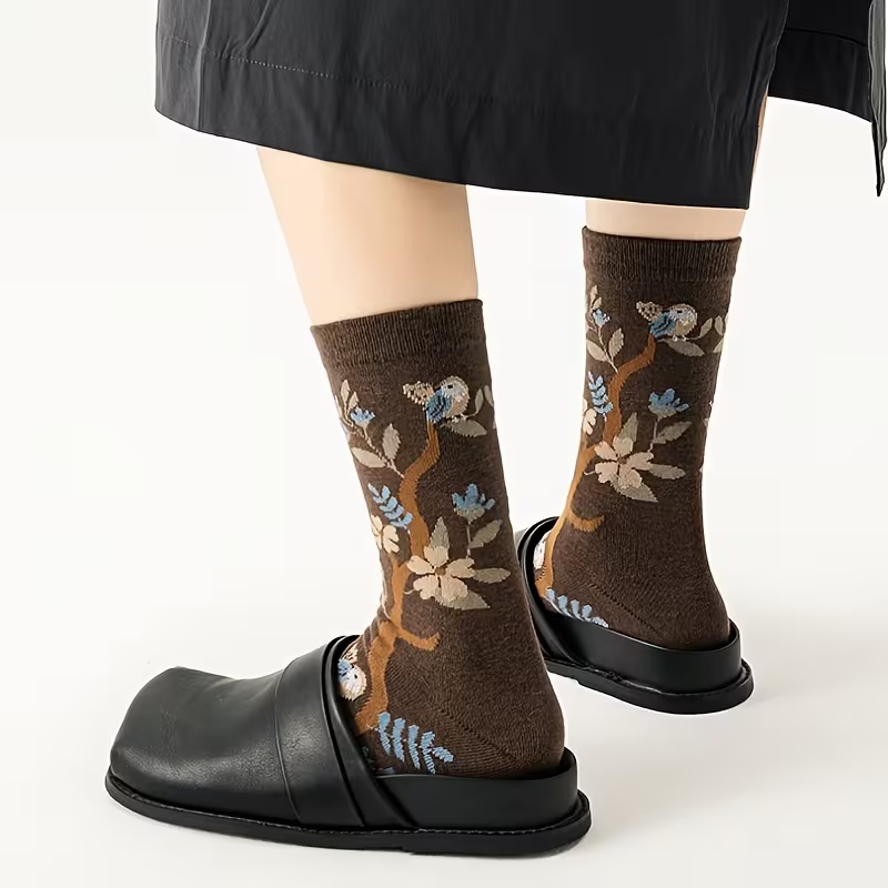 5 Pairs of Retro Floral Mid-Calf Socks