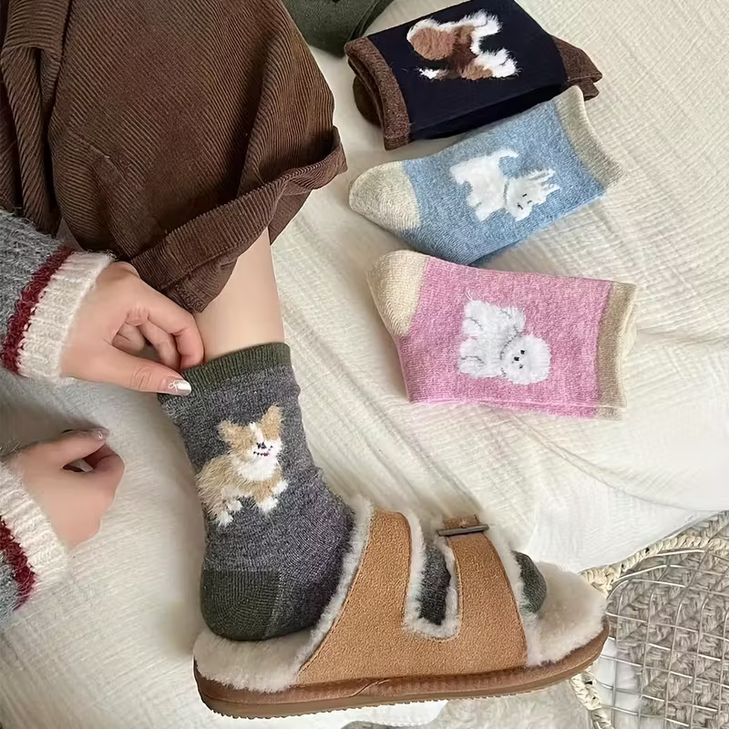 4 Pairs Adorable Cartoon Plush Puppy Socks