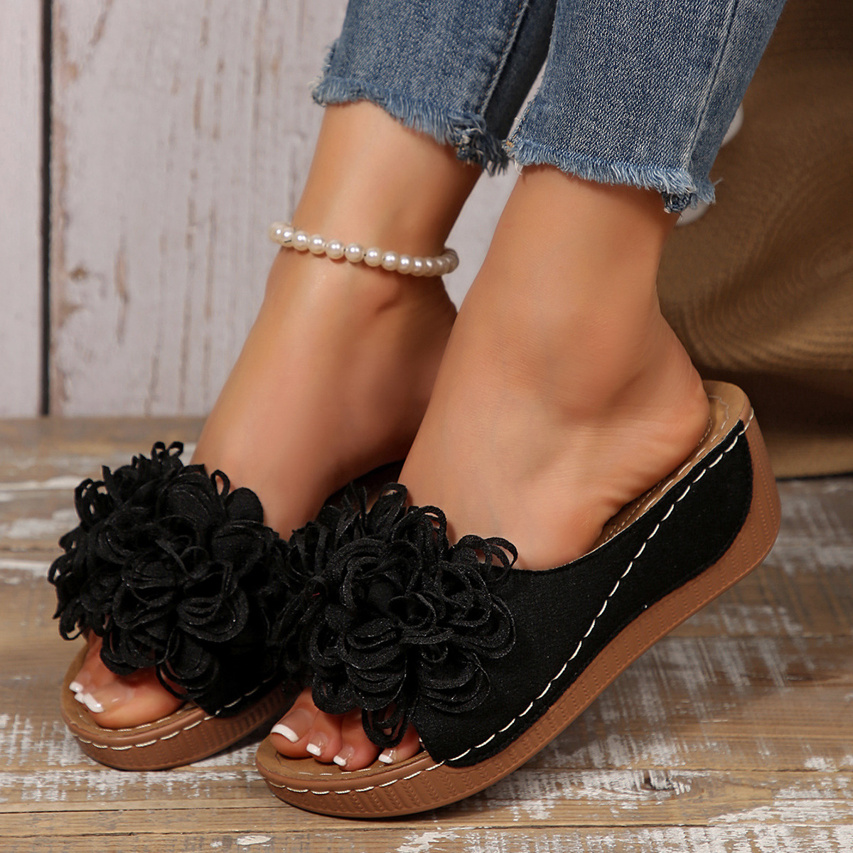 Casual Floral Wedge Open Toe Slippers