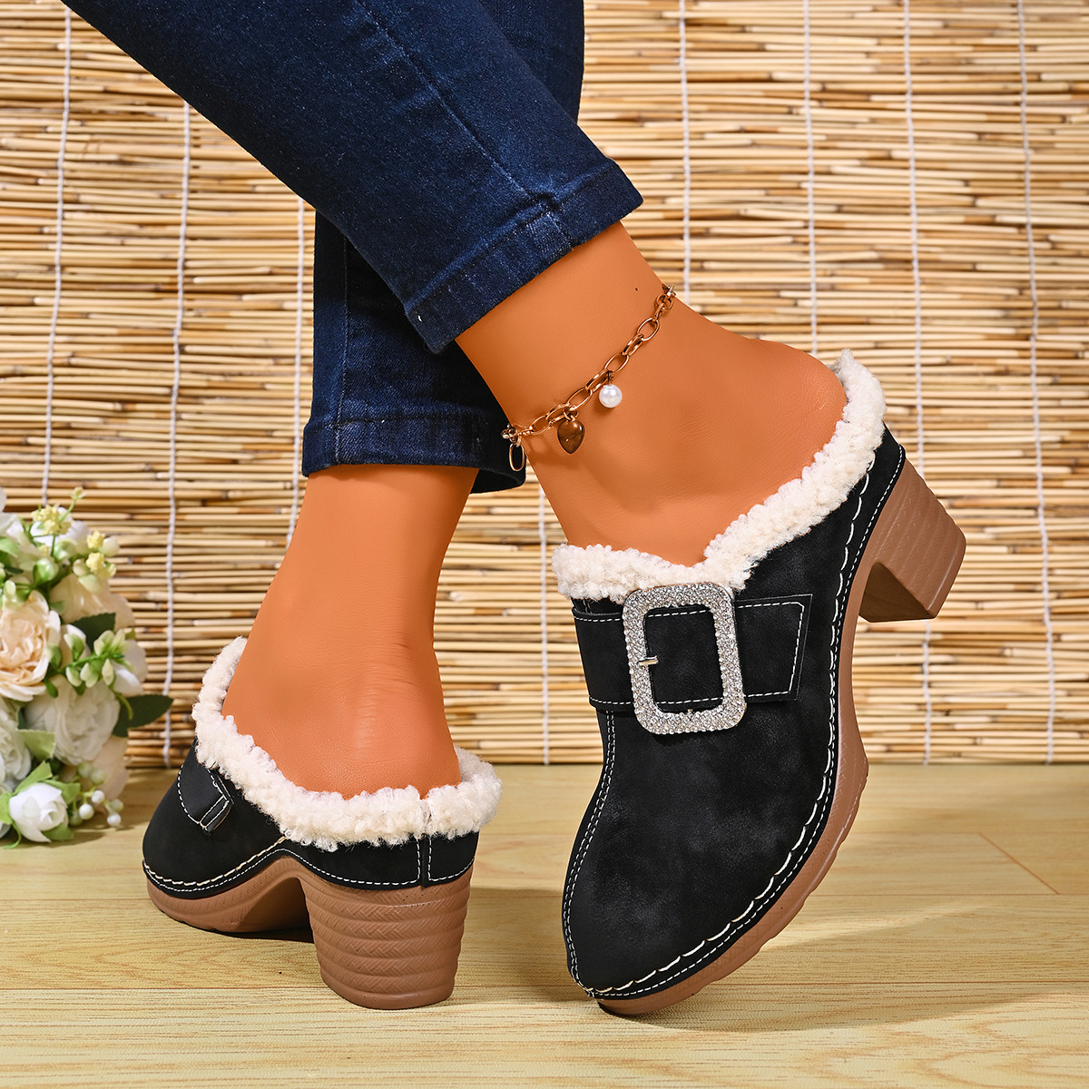Women's Plush-Lined Rhinestone Square Buckle Warm Mule Slippers