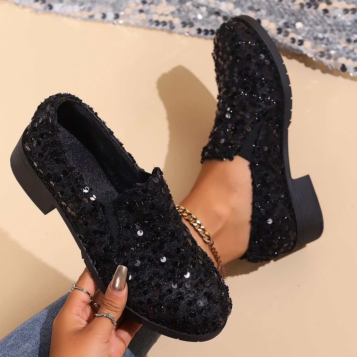 Versatile Black Sequined Slip-on Shoes