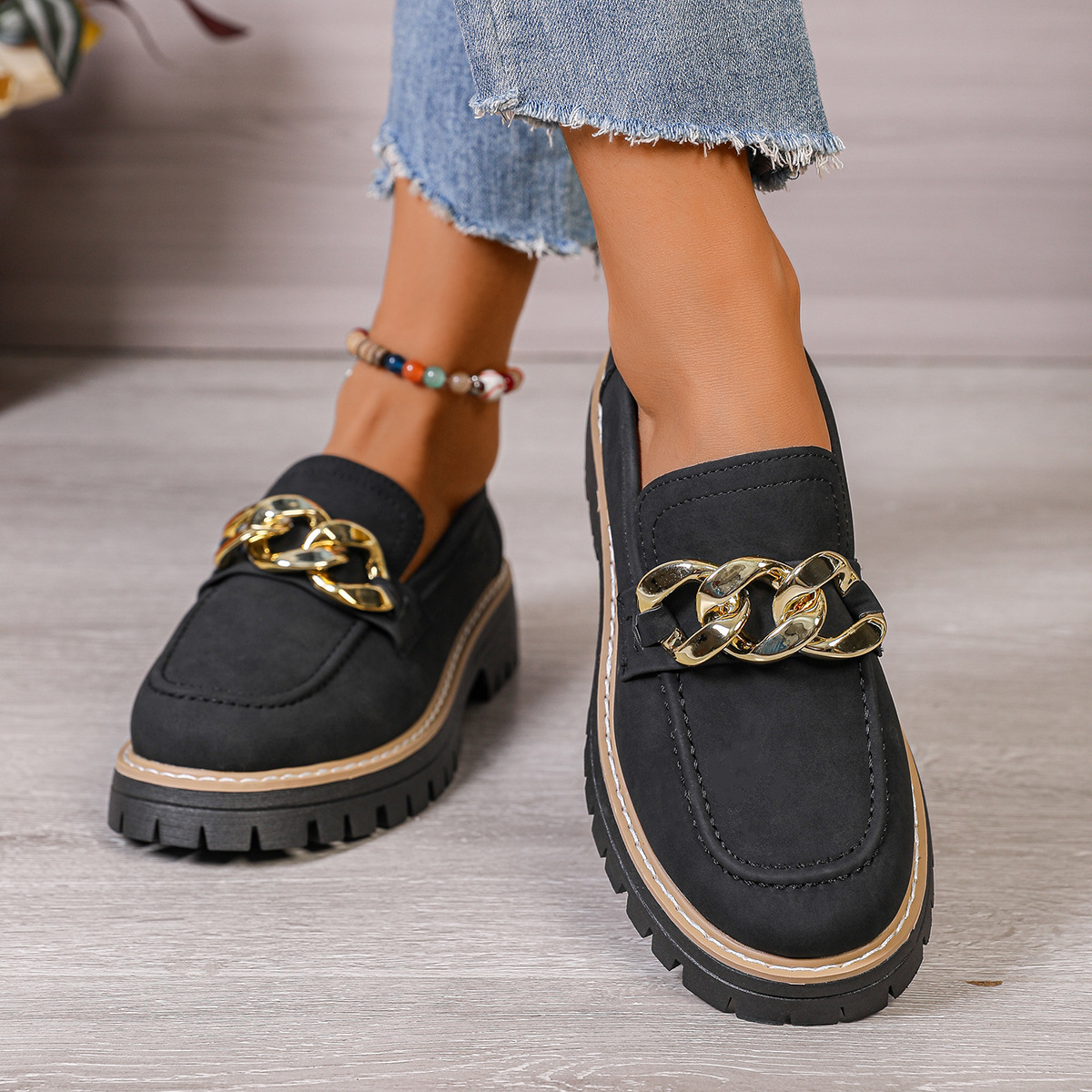 Metal Chain Thick-soled Versatile Casual Loafers