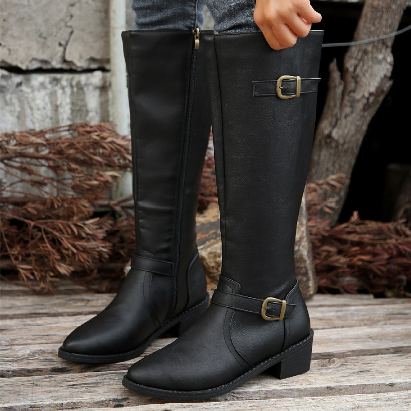 Chunky Heel Square Buckle Side Zipper Boots