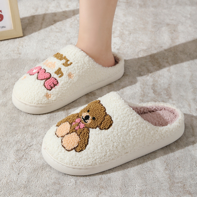 Cartoon Embroidered Bear Couple Cotton Slippers