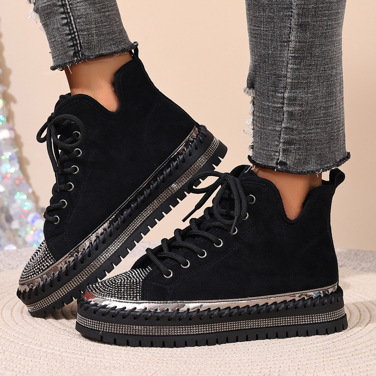 Women's Rhinestone-Decorated Lace-Up Chunky Platform Winter Boots with Fleece