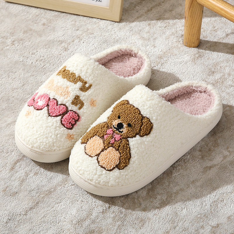 Cartoon Embroidered Bear Couple Cotton Slippers