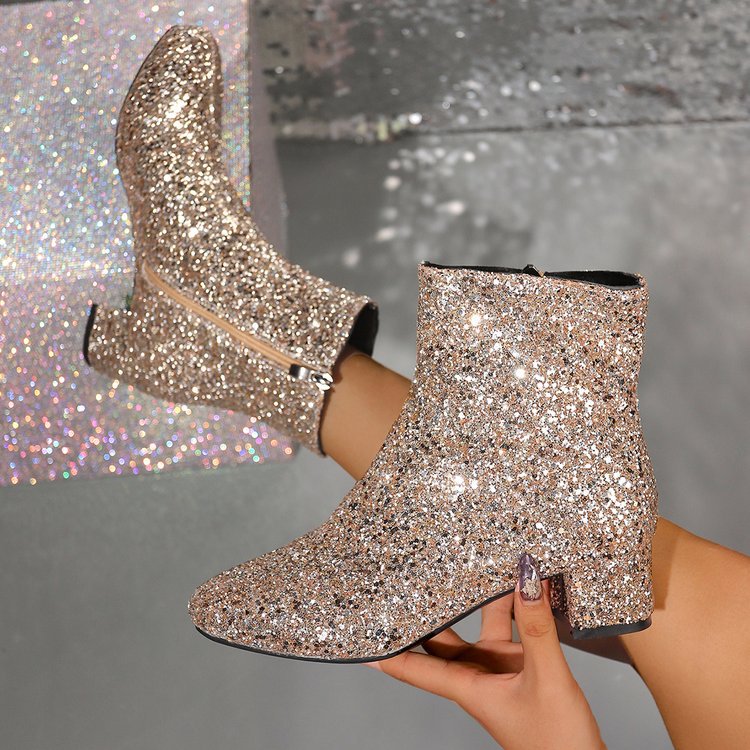 Mid-heel Sequined Side Zipper Versatile Mid-calf Boots