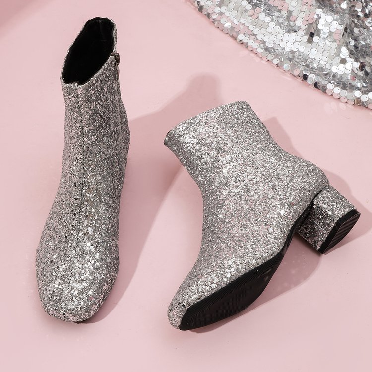 Mid-heel Sequined Side Zipper Versatile Mid-calf Boots