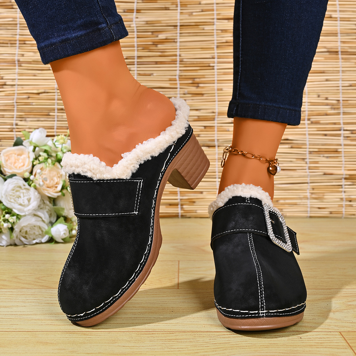 Women's Plush-Lined Rhinestone Square Buckle Warm Mule Slippers