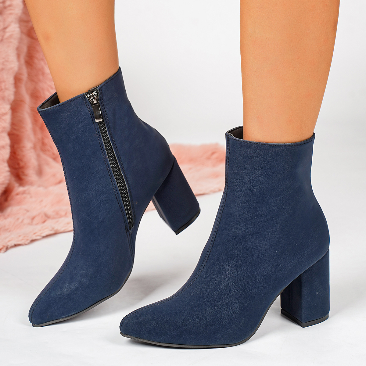 Women's Pointed Toe Chunky Heel Short Boots