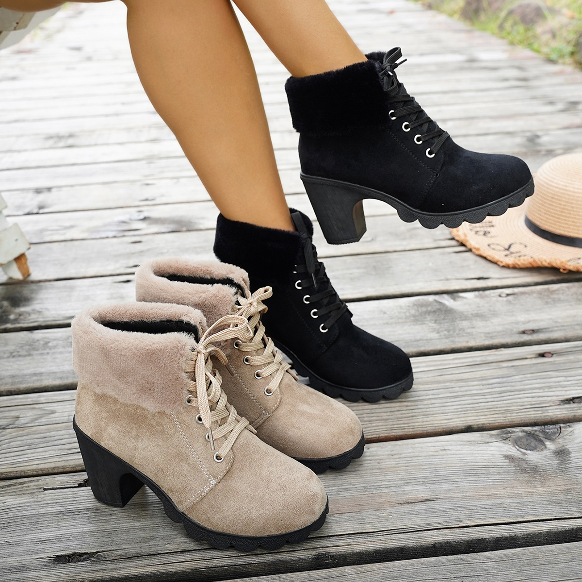 Women's Lace-up Plush Cuffed High-heeled Cotton Shoes