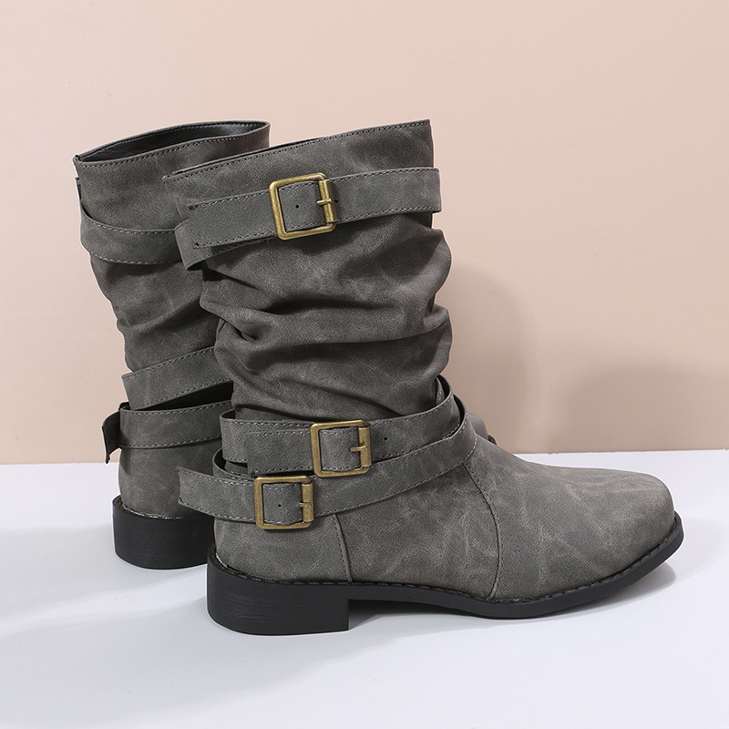 Retro Round-toe Flat Mid-calf Boots