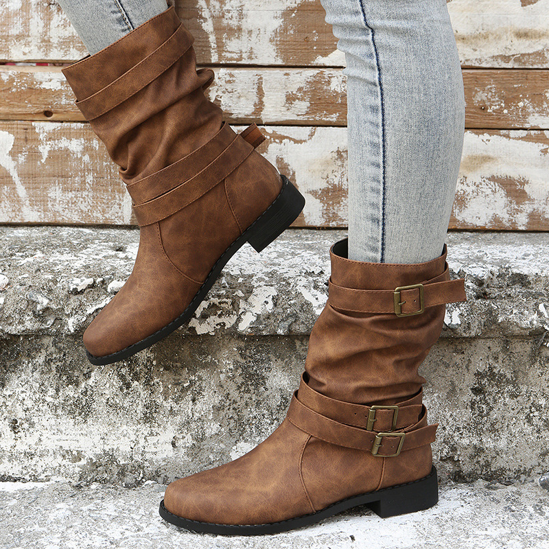 Retro Round-toe Flat Mid-calf Boots