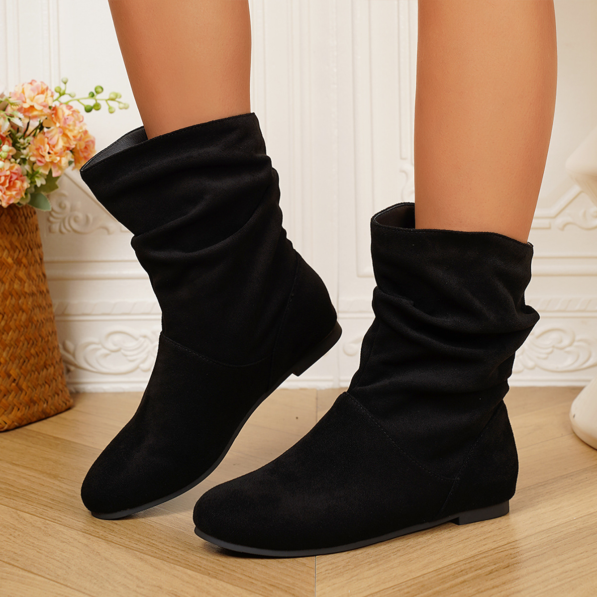 Suede round-toe slip-on vintage mid-calf boots ( BUY 2 FREE SHIPPING )