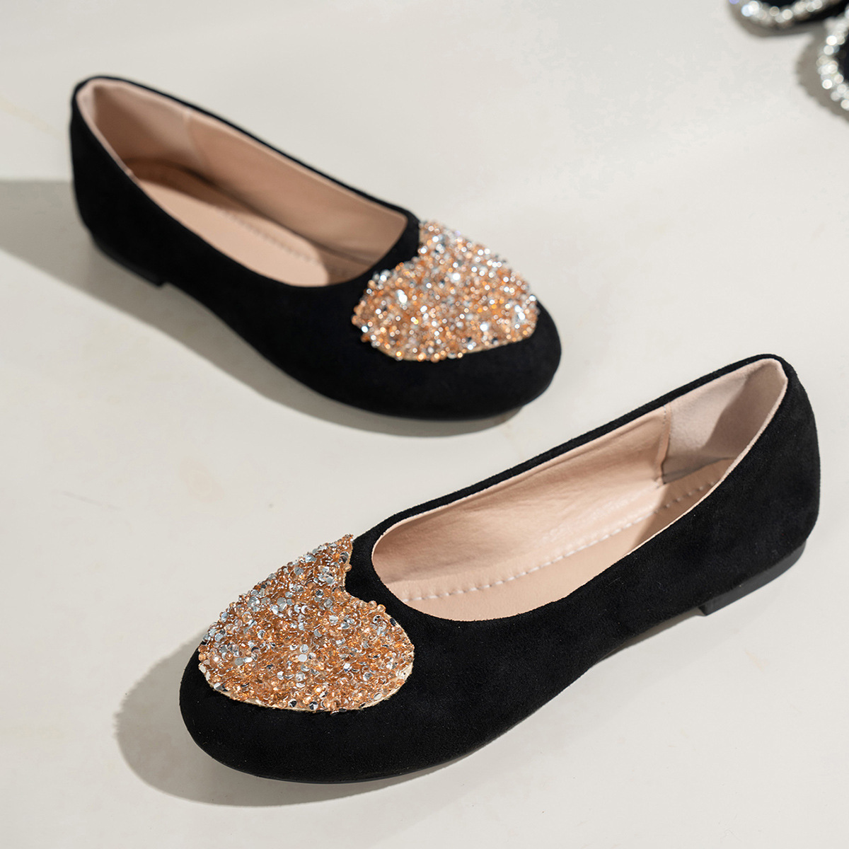Rhinestone Suede Soft-soled Fairy-style Round-toed Flat Shoes