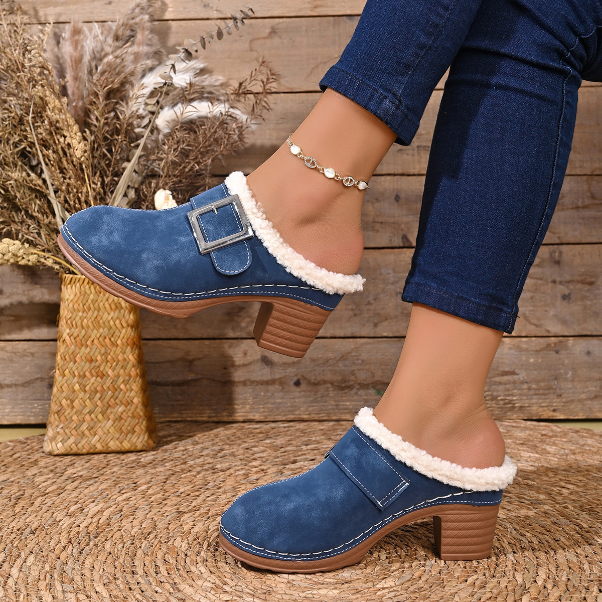 Women's Vintage Plush-Lined Chunky Heel Buckle Mule Half-Slippers