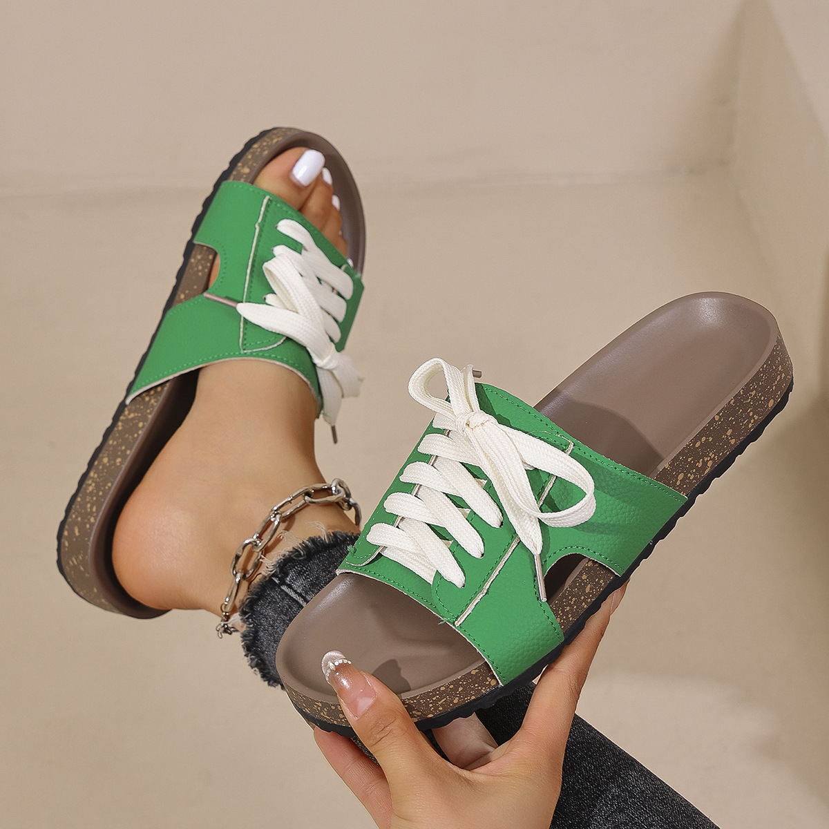 Orthopedic Flat Heel Lace-up Suede Beach Slides