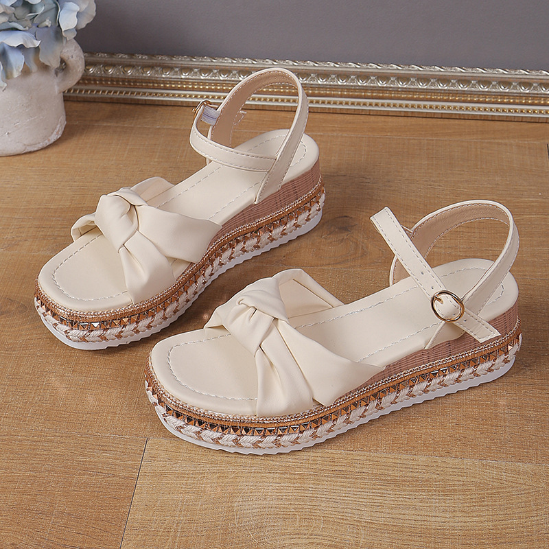 Platform Bow Hemp Rope Thick-soled Wedge Sandals