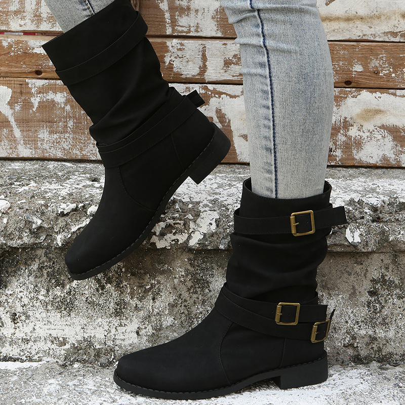 Retro Round-toe Flat Mid-calf Boots
