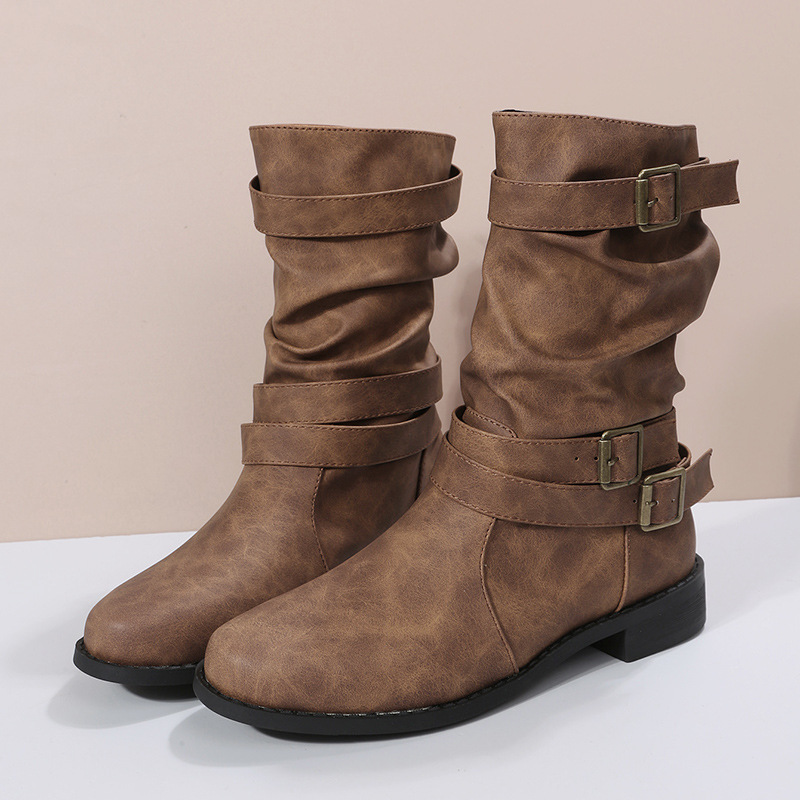 Retro Round-toe Flat Mid-calf Boots