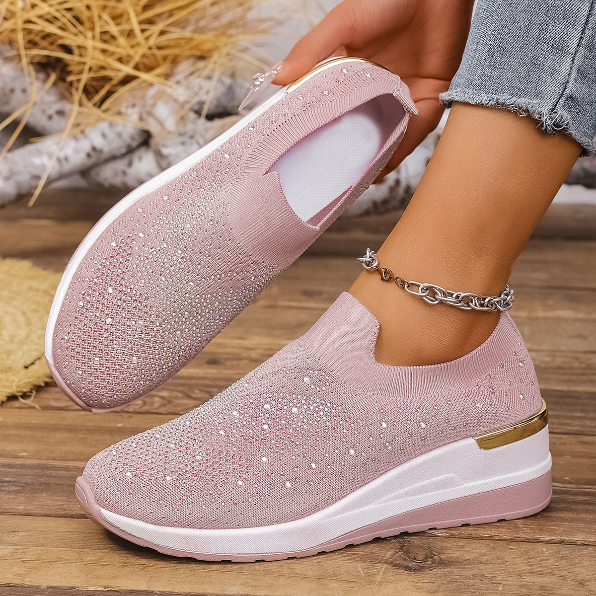 Wedge Heel Round Toe Rhinestone Slip-on Shoes