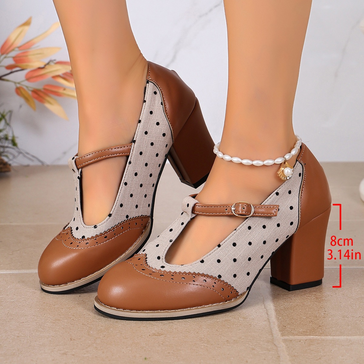 Women's Scalloped Mary Jane Shoes with Block Heels and Buckle Straps