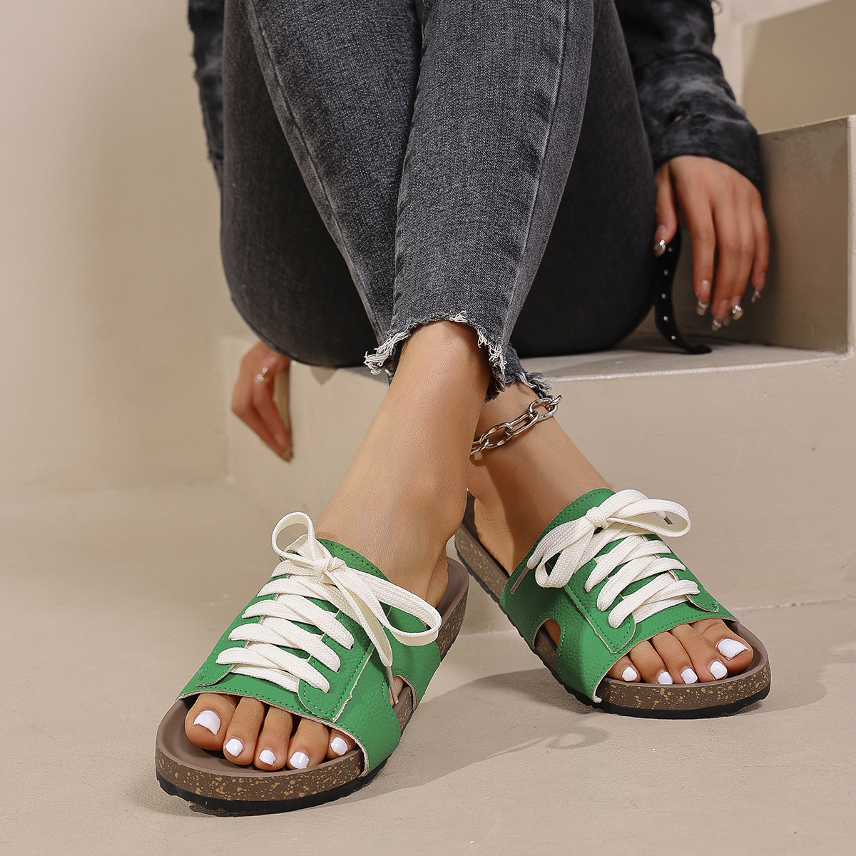 Orthopedic Flat Heel Lace-up Suede Beach Slides