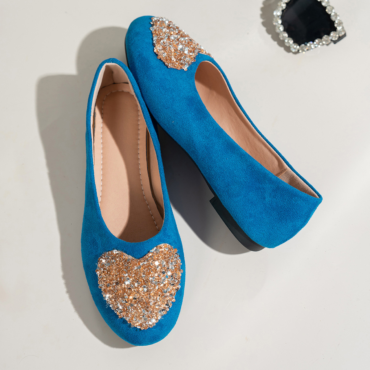 Rhinestone Suede Soft-soled Fairy-style Round-toed Flat Shoes