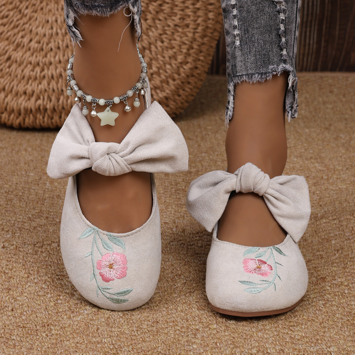 New Embroidered Bow Flat Mary Jane Shoes