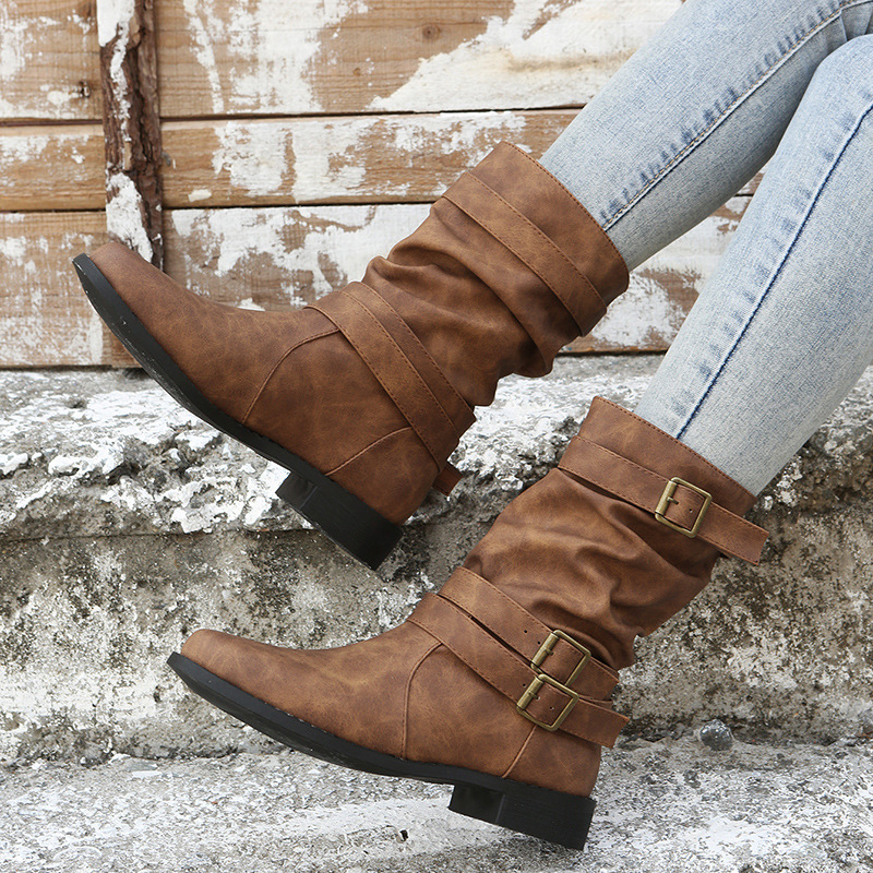 Retro Round-toe Flat Mid-calf Boots