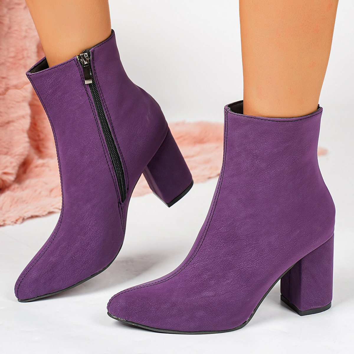 Women's Pointed Toe Chunky Heel Short Boots