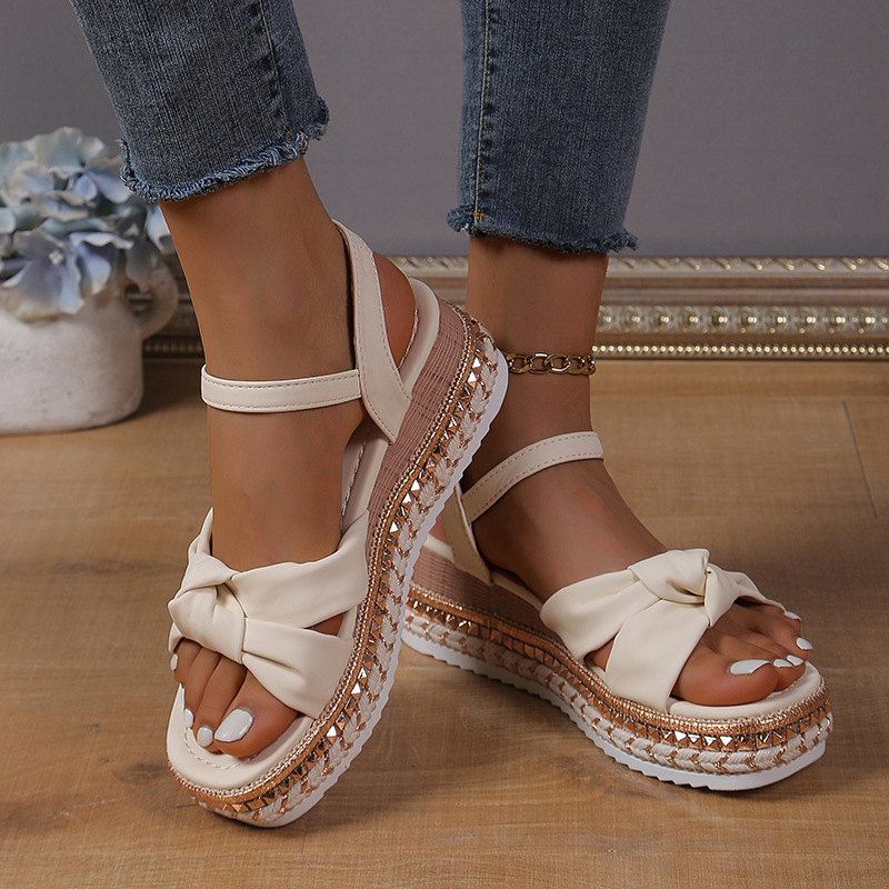 Platform Bow Hemp Rope Thick-soled Wedge Sandals