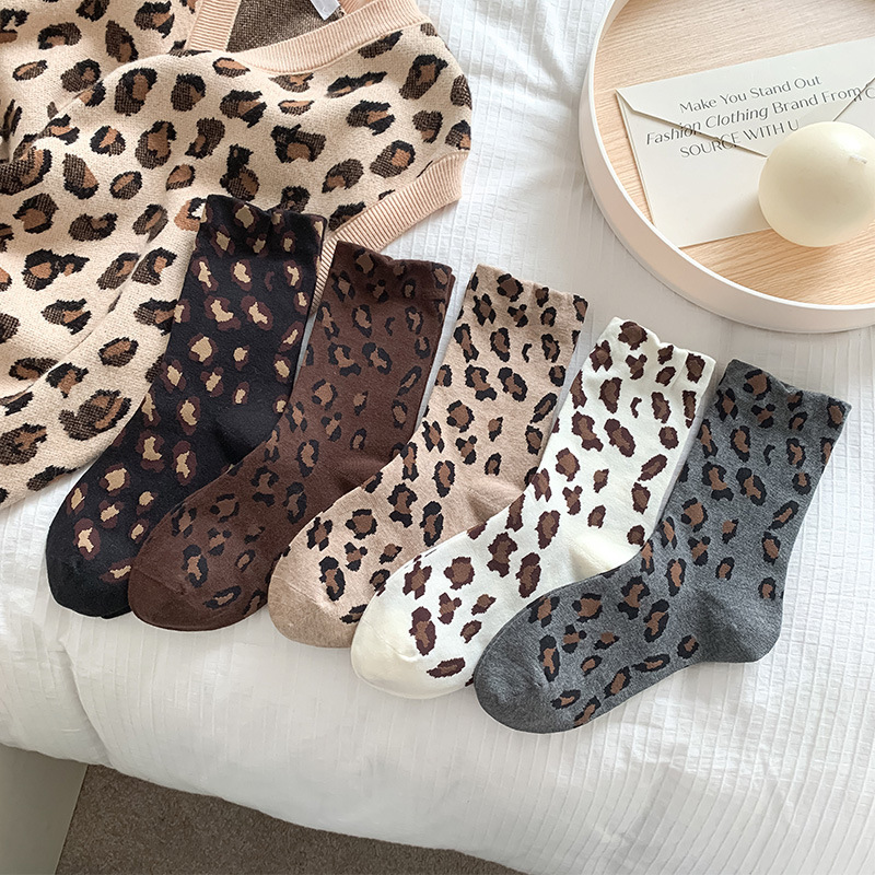 5 Pairs Leopard Print Mid Calf Socks for Women