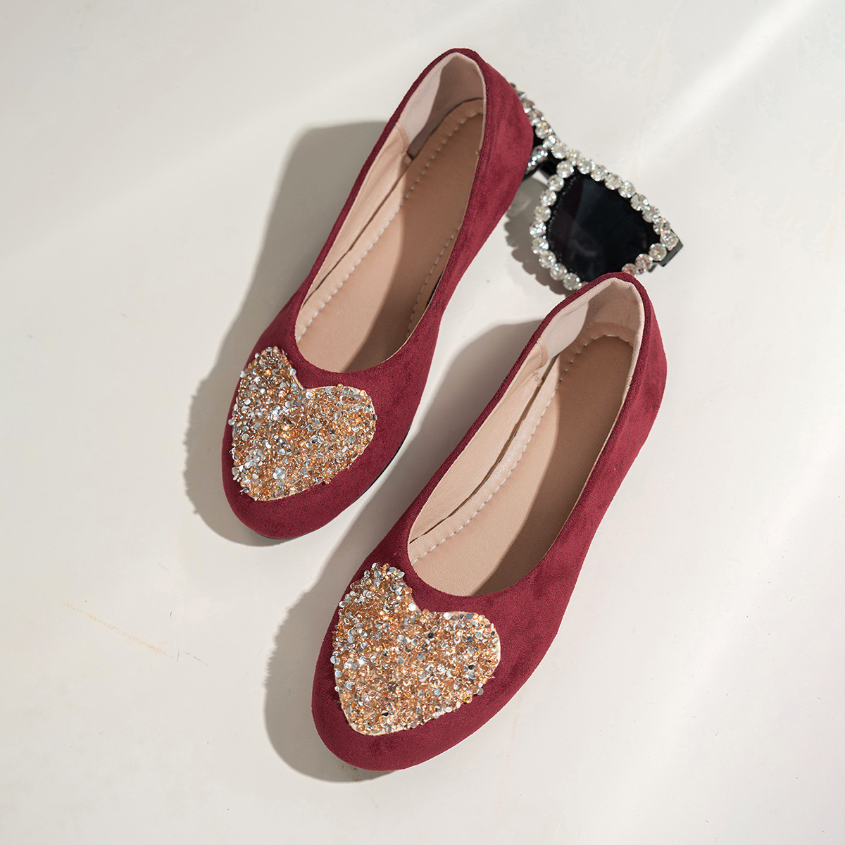Rhinestone Suede Soft-soled Fairy-style Round-toed Flat Shoes
