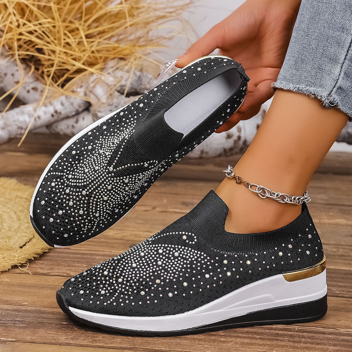 Wedge Heel Round Toe Rhinestone Slip-on Shoes