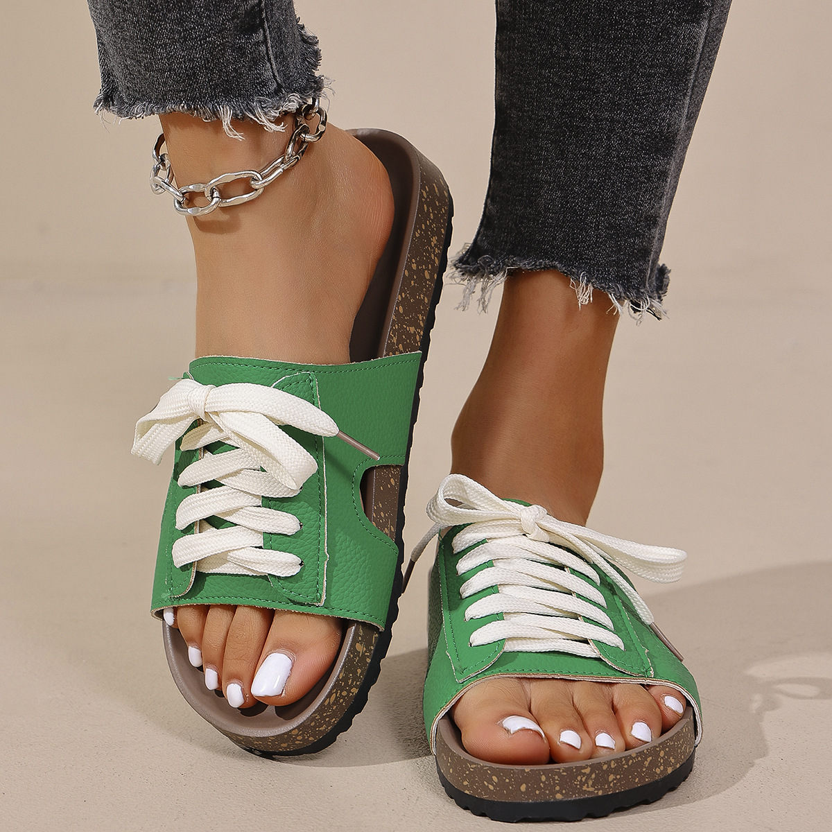 Orthopedic Flat Heel Lace-up Suede Beach Slides