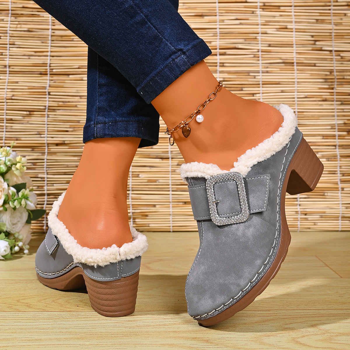 Women's Plush-Lined Rhinestone Square Buckle Warm Mule Slippers