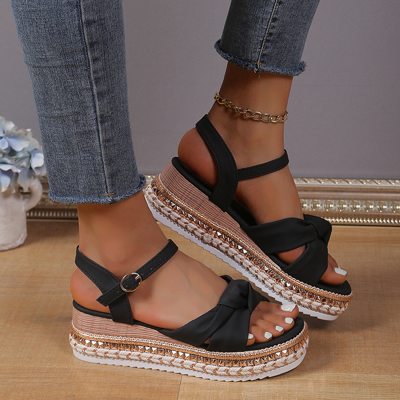 Platform Bow Hemp Rope Thick-soled Wedge Sandals