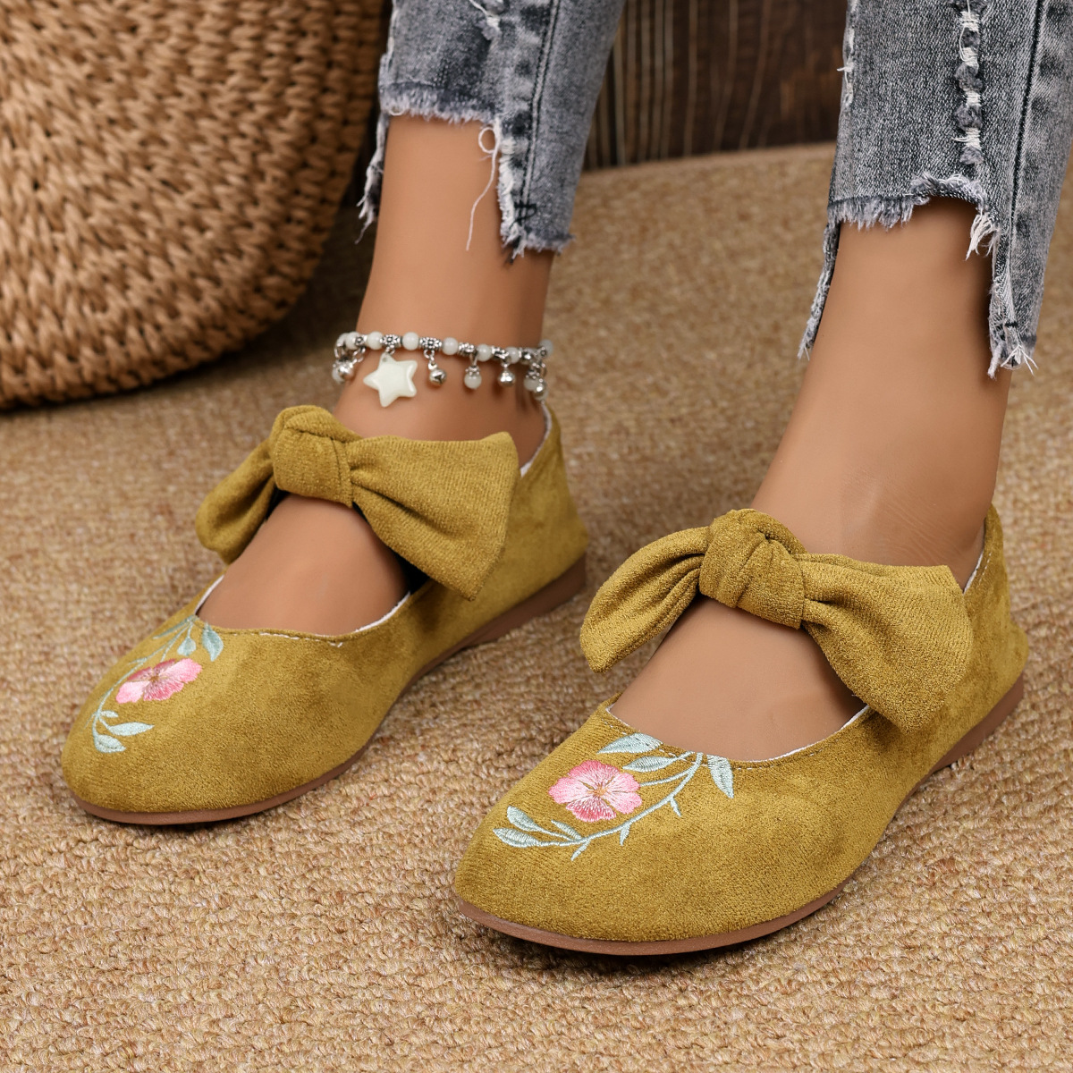 New Embroidered Bow Flat Mary Jane Shoes