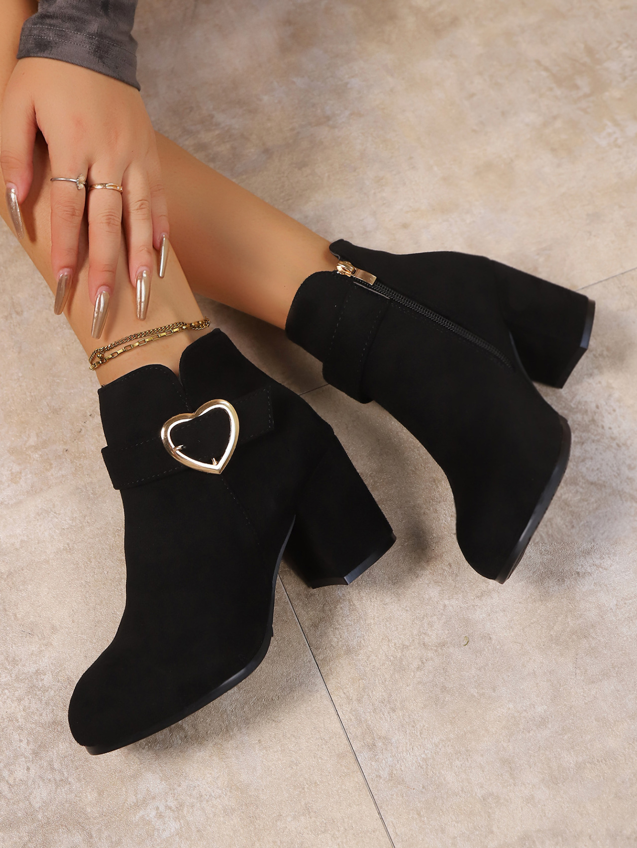 Women's Fashion Chunky High-Heeled Boots with Elegant Side Zipper