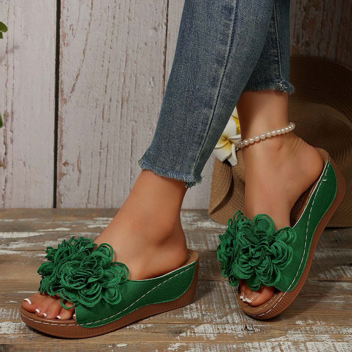 Casual Floral Wedge Open Toe Slippers