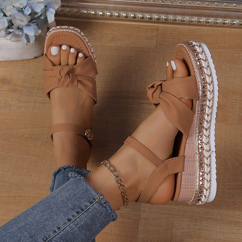 Platform Bow Hemp Rope Thick-soled Wedge Sandals
