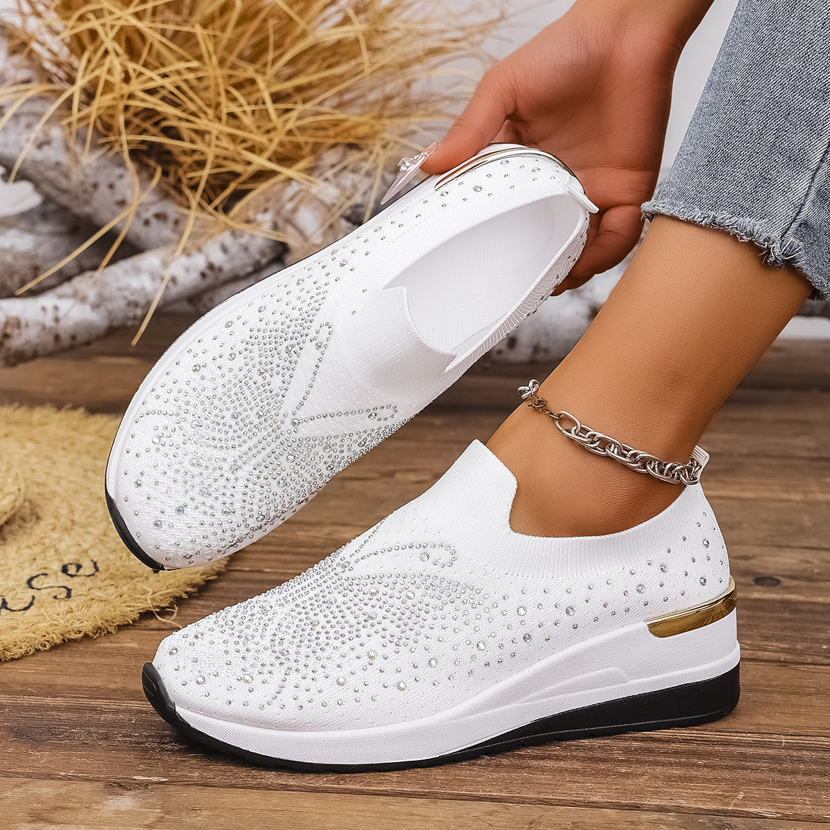 Wedge Heel Round Toe Rhinestone Slip-on Shoes